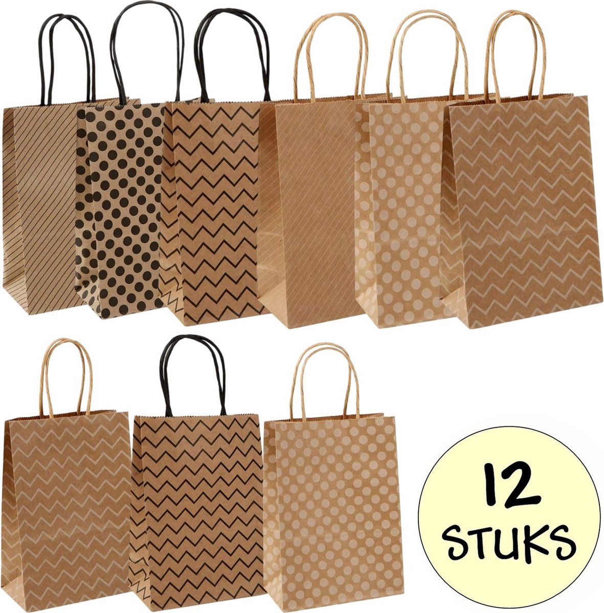 12x Papieren Uitdeeltasjes Natural Print - 15x8x21cm - Stevig Papier - Traktatie Zakjes - Papieren Tasjes - Cadeau Zakjes - Uitdeelzakjes - 6 Verschillende Motieven - Kraftpapier - 12 Stuks
