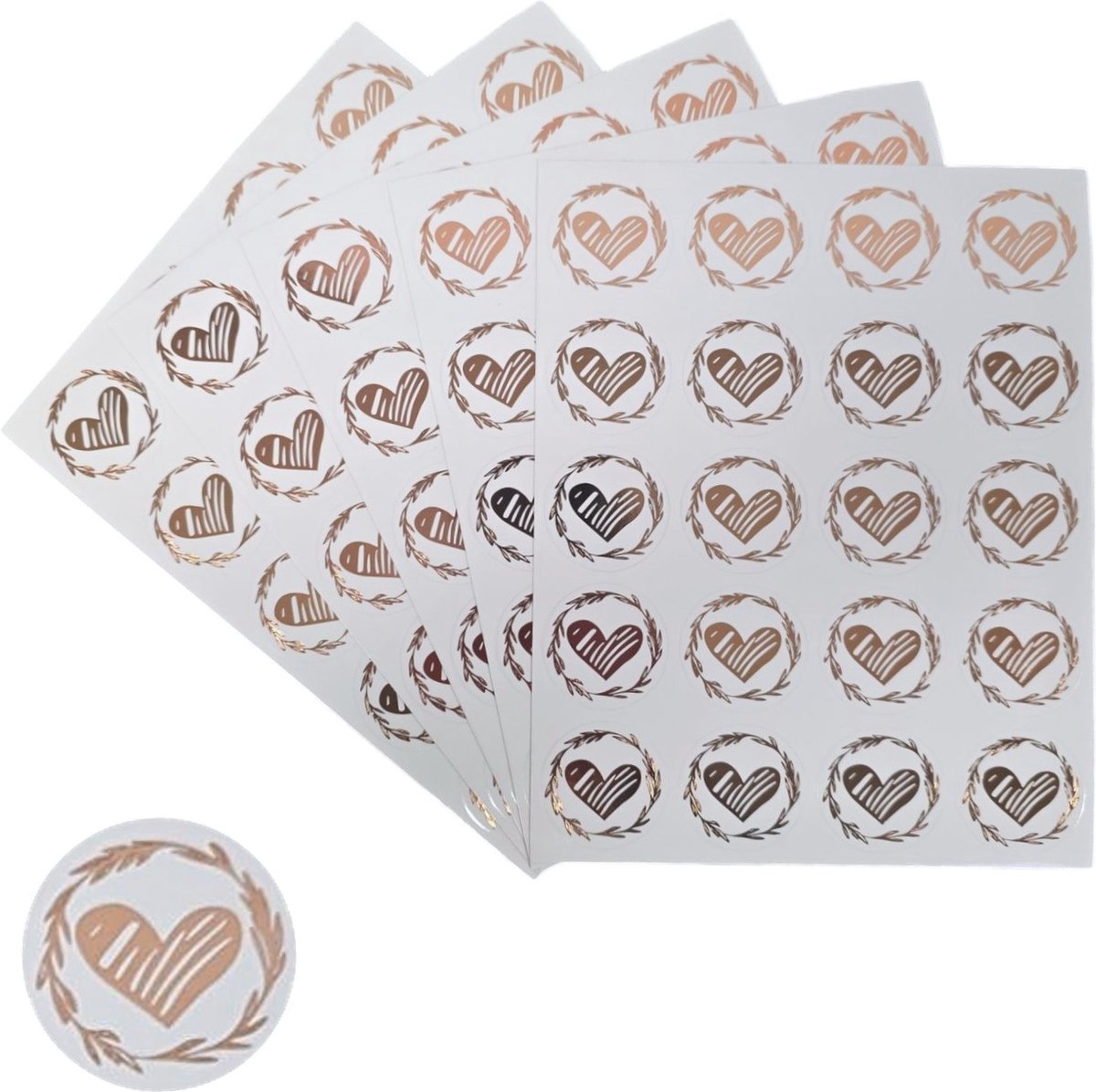 200x Transparante Stickers Op Vel - 32mm - Hart Krans Rosé Goud - Serie 1 - Sluitsticker - Sluitzegel - Cadeau Sticker - Hartje Rosé Goud - 200 Stuks