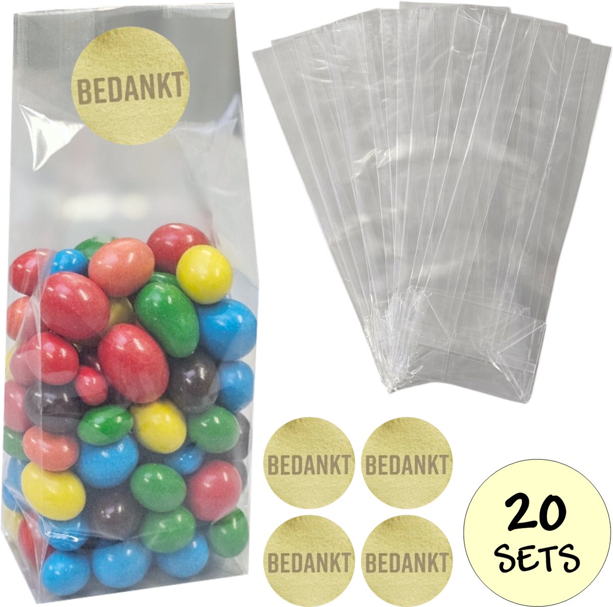 20x Uitdeelzakjes Met Sluitstickers - 20 Stickers & 20 Zakjes - Blokbodemzakjes - Cellofaanzakjes - Traktatie Blokbodem Zakjes - 80 x 50 x 250mm - 20 Sets - Bedankt - 40mm