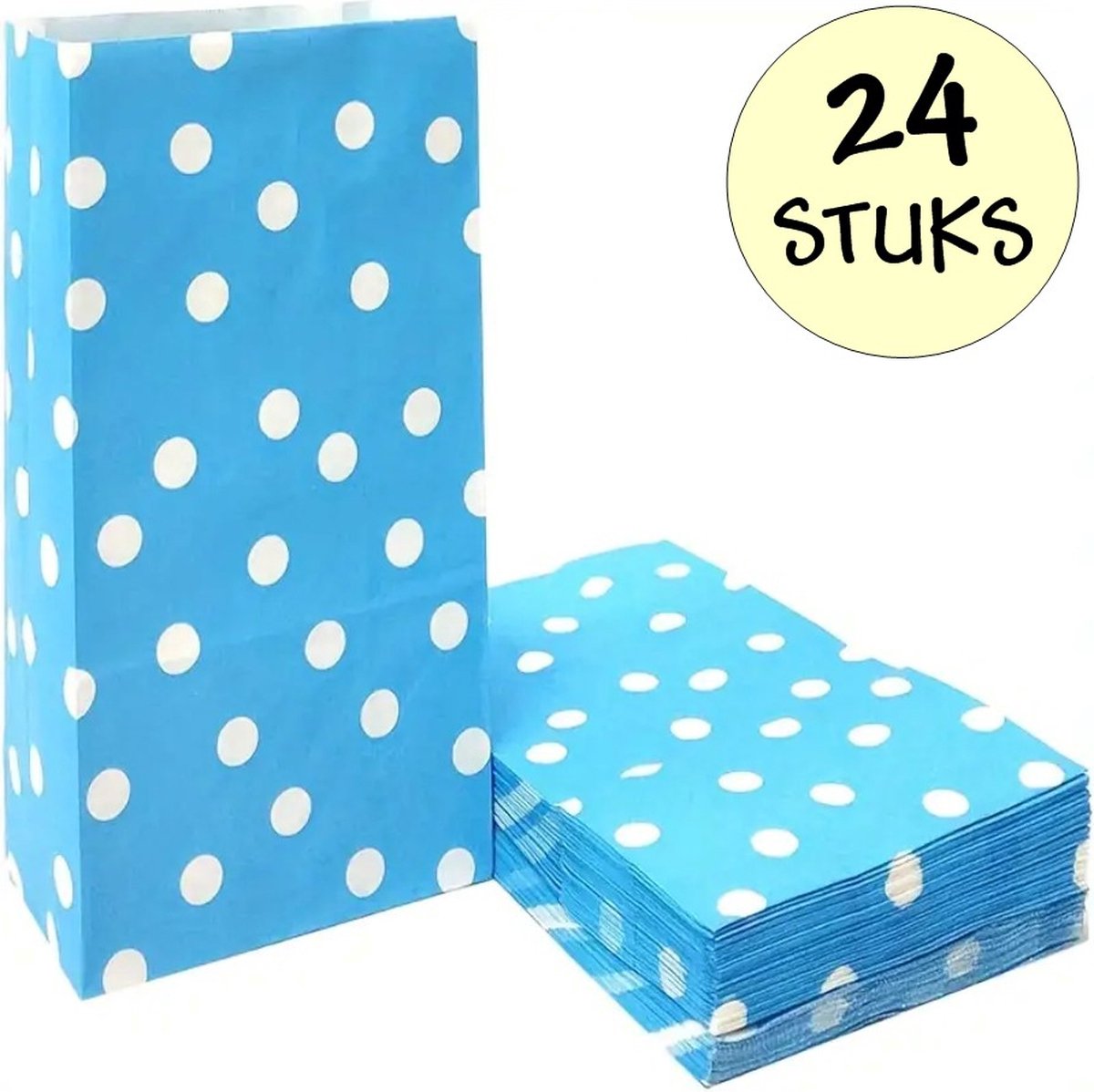 24x Lichtblauwe Uitdeelzakjes Met Stippen - 13x8x24cm - Stevig Papier - Traktatie Zakjes - Papieren Zakjes - Cadeau Zakjes - Polka Dots - Met Blokbodem - Lichtblauw - 24 Stuks