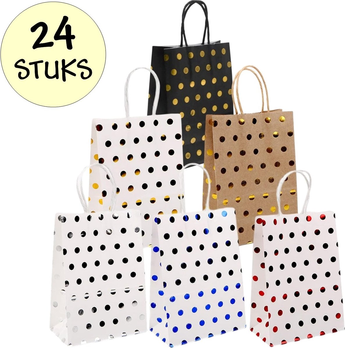 24x Papieren Uitdeeltasjes Stippen - 15x8x21cm - Stevig Papier - Traktatie Zakjes - Papieren Tasjes - Cadeau Zakjes - Uitdeelzakjes - 6 Verschillende Kleuren - Kraftpapier - 24 Stuks
