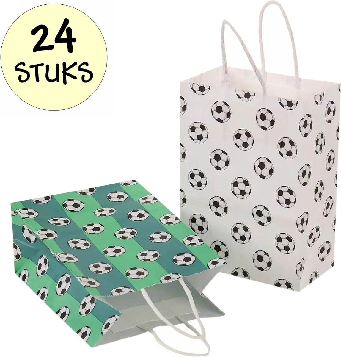 24x Papieren Uitdeeltasjes Voetbal - 15x8x21cm - Stevig Papier - Traktatie Zakjes - Papieren Tasjes - Cadeau Zakjes - Uitdeelzakjes - 2 Verschillende Kleuren - Kraftpapier - 24 Stuks