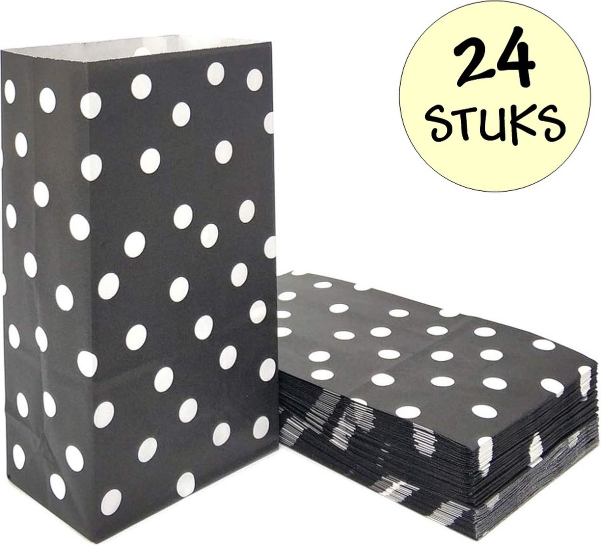 24x Zwarte Uitdeelzakjes Met Stippen - 13x8x24cm - Stevig Papier - Traktatie Zakjes - Papieren Zakjes - Cadeau Zakjes - Polka Dots - Met Blokbodem - Zwart - 24 Stuks