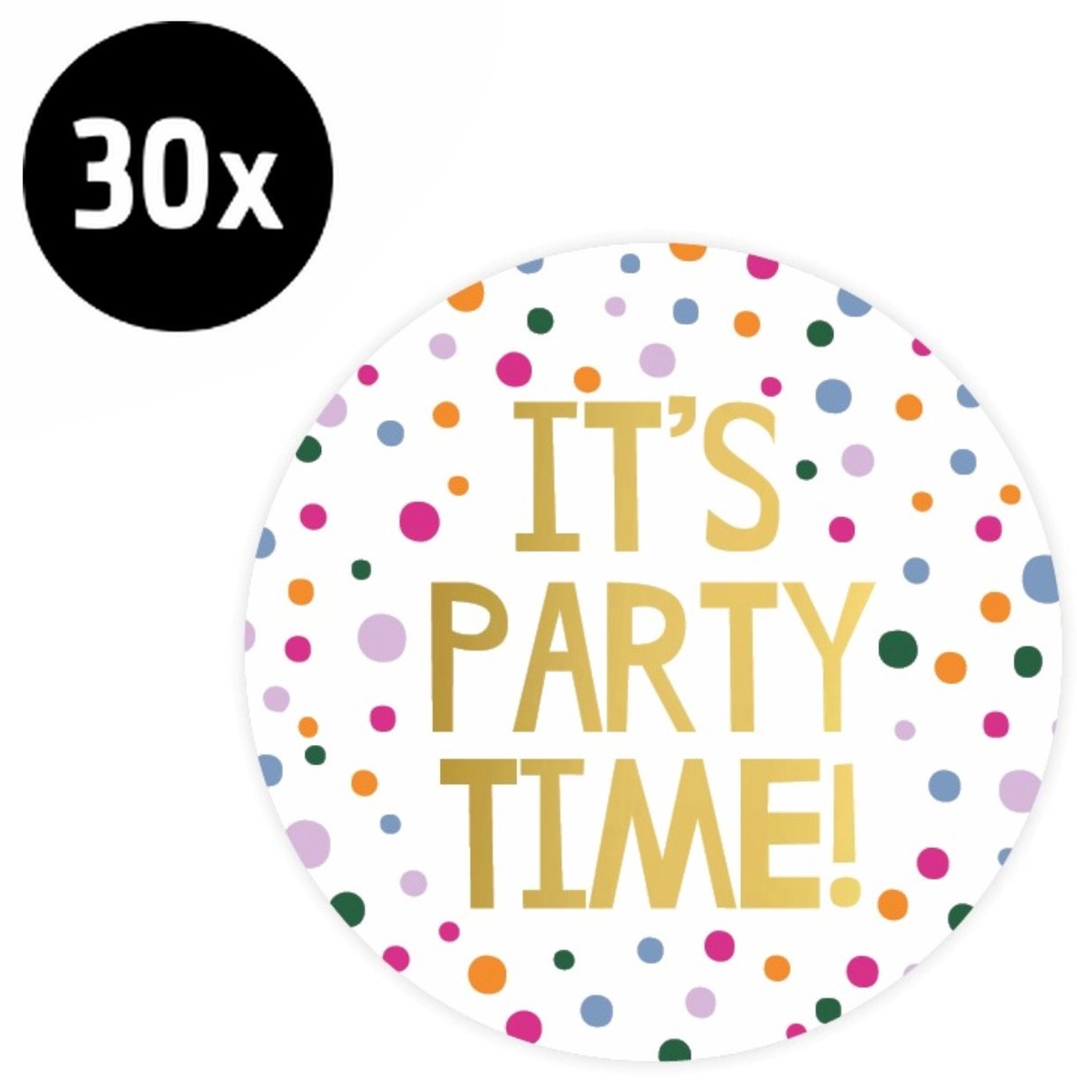30x Sticker Its Party Time! Confetti - Goudfolie - Sluitsticker - Sluitzegel - Feeststicker Presentje - Enveloppe - Cadeau - Gift - Cadeauzakje - Traktatie - Leuk inpakken - Sticker - 50mm - 30 Stuks