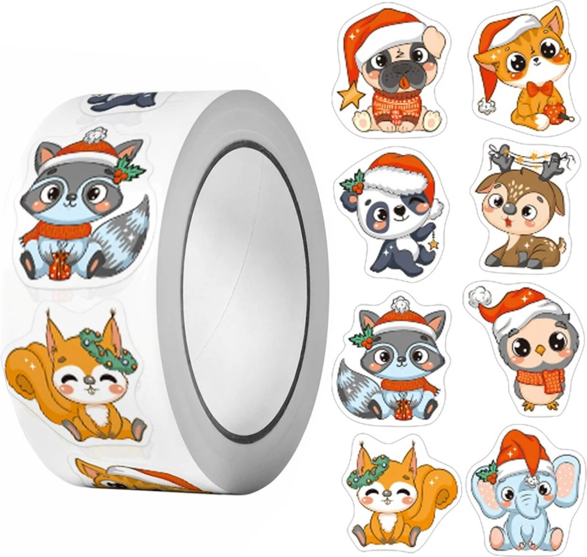 500 Kerst Stickers Op Rol - 2.5cm - Kerststickers - Christmas Stickers - Label Kerst - Sluitzegel - Kerst Dieren Mix - 25mm