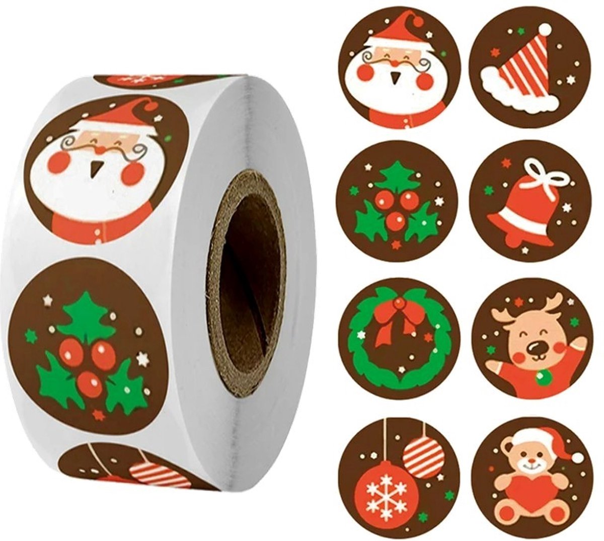 500 Kerst Stickers Op Rol - 2.5cm - Kerststickers - Christmas Stickers - Label Kerst - Sluitzegel - Merry Christmas Bruin Mix - 25mm
