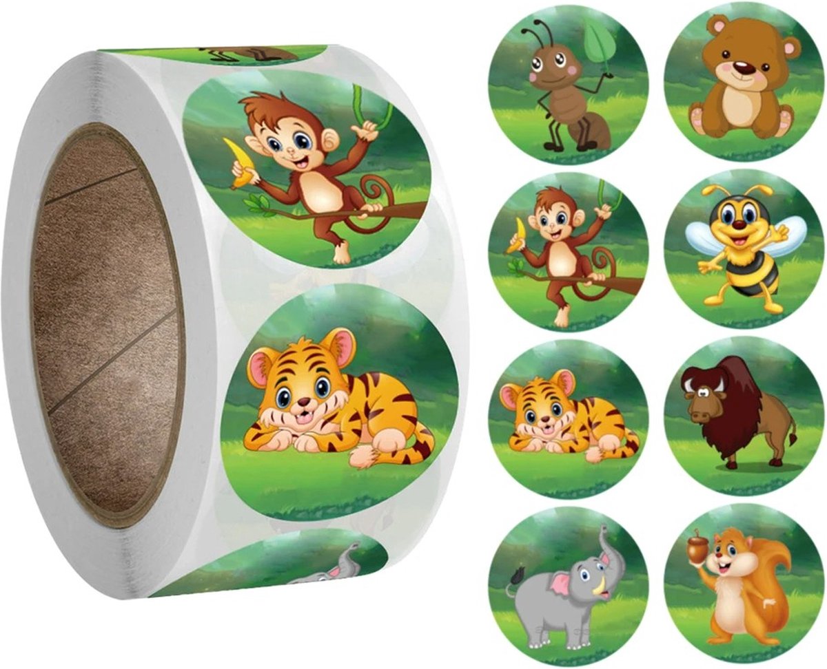 500 Stickers Op Rol - 2.5cm - Dierentuin Dieren Groen - Beloningsstickers - Stickers Kinderen - Sluitsticker - Sluitzegel - 25mm