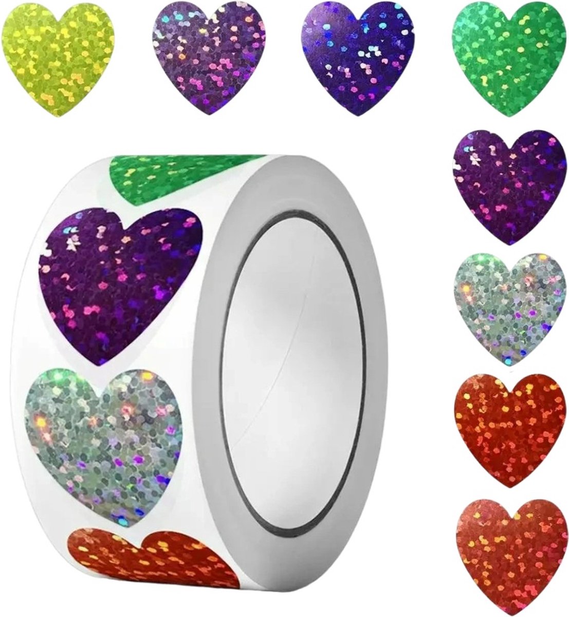 500 Stickers Op Rol - 2.5cm - Hart Mix Glitter - Beloningsstickers - Stickers Kinderen - Sluitsticker - Sluitzegel - 25mm