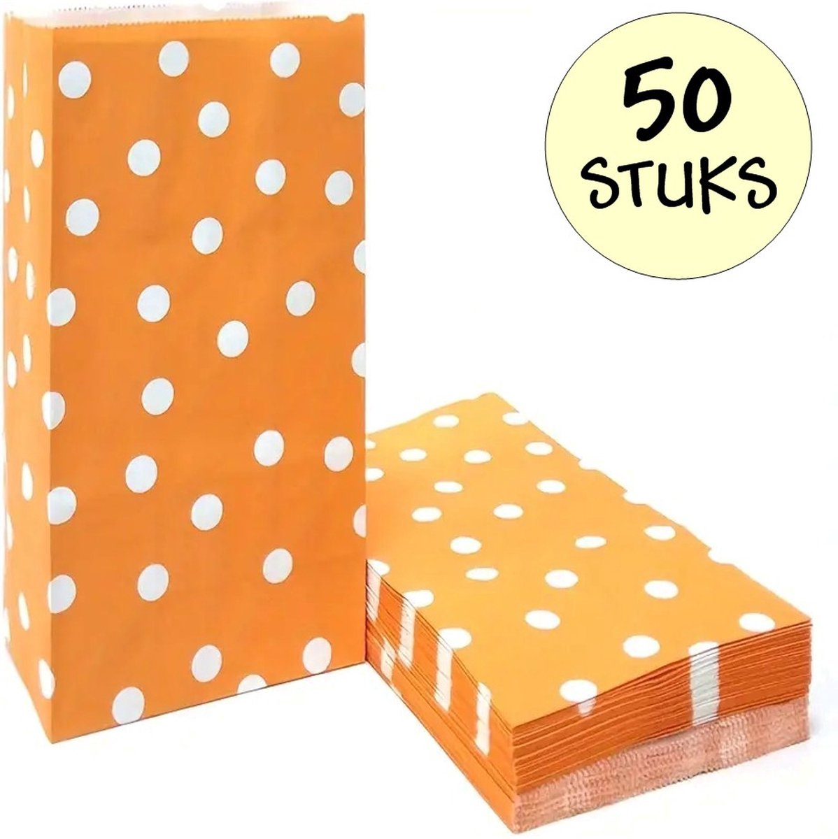50x Oranje Uitdeelzakjes Met Stippen - 13x8x24cm - Stevig Papier - Traktatie Zakjes - Papieren Zakjes - Cadeau Zakjes - Polka Dots - Met Blokbodem - Oranje - 50 Stuks