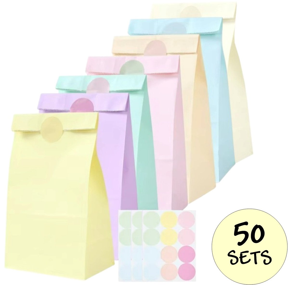 50x Pastel Gekleurde Uitdeelzakjes met Stickers - 13x8x24cm - Stevig Papier - Traktatie Zakjes - Papieren Zakjes - Cadeau Zakjes - Met Blokbodem - Sluitstickers - Pastel Mix - 50 Stuks