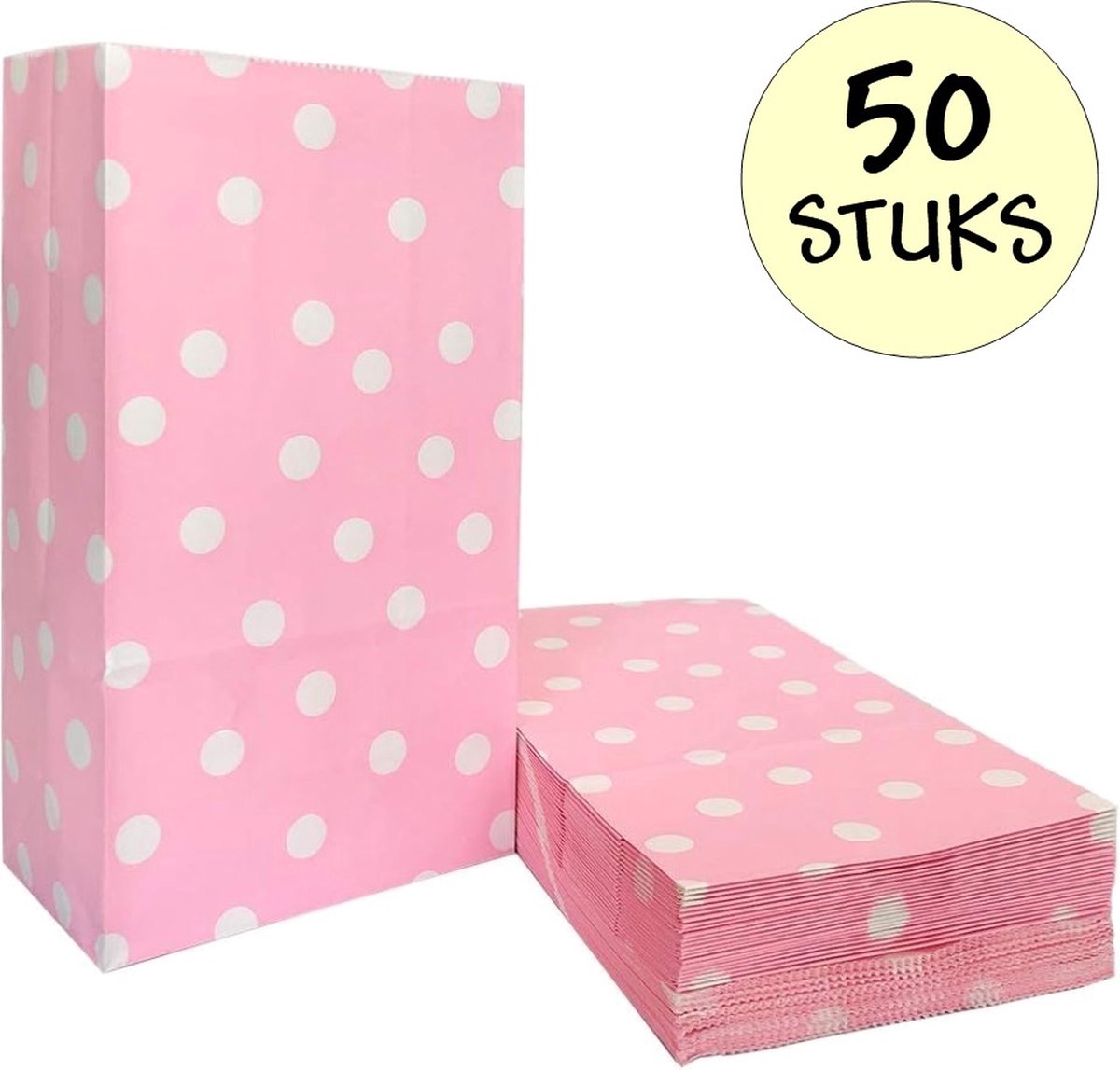 50x Roze Uitdeelzakjes Met Stippen - 13x8x24cm - Stevig Papier - Traktatie Zakjes - Papieren Zakjes - Cadeau Zakjes - Polka Dots - Met Blokbodem - Roze - 50 Stuks