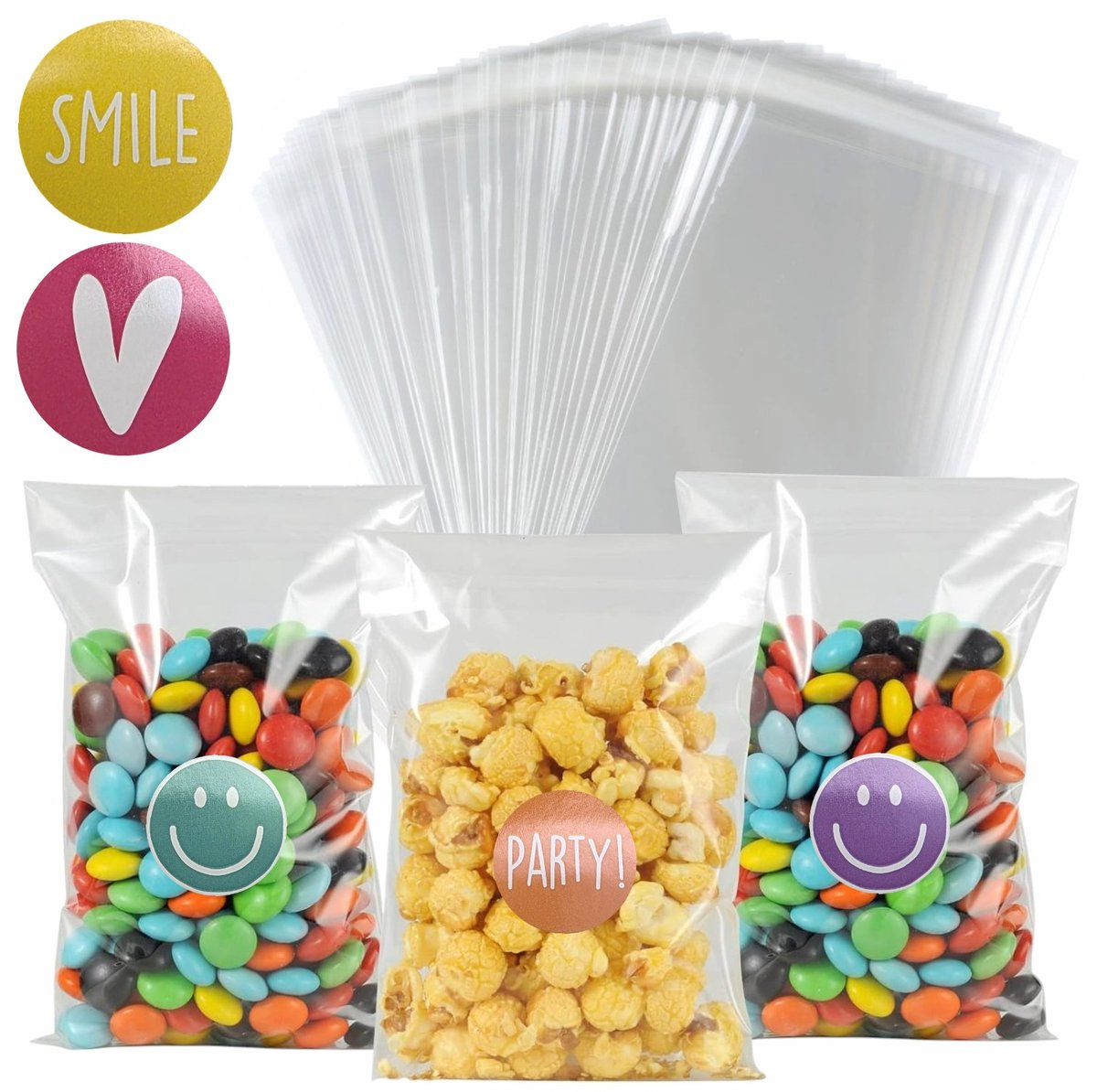 50x Uitdeelzakjes 10x15 cm+ Sluitstickers Smile & Emoji Mix - Zakjes Met Plakstrip - Zelfklevende Zakjes - Uitdeelzakjes - Traktaties - Transparant - 10x15cm - 50 Stuks