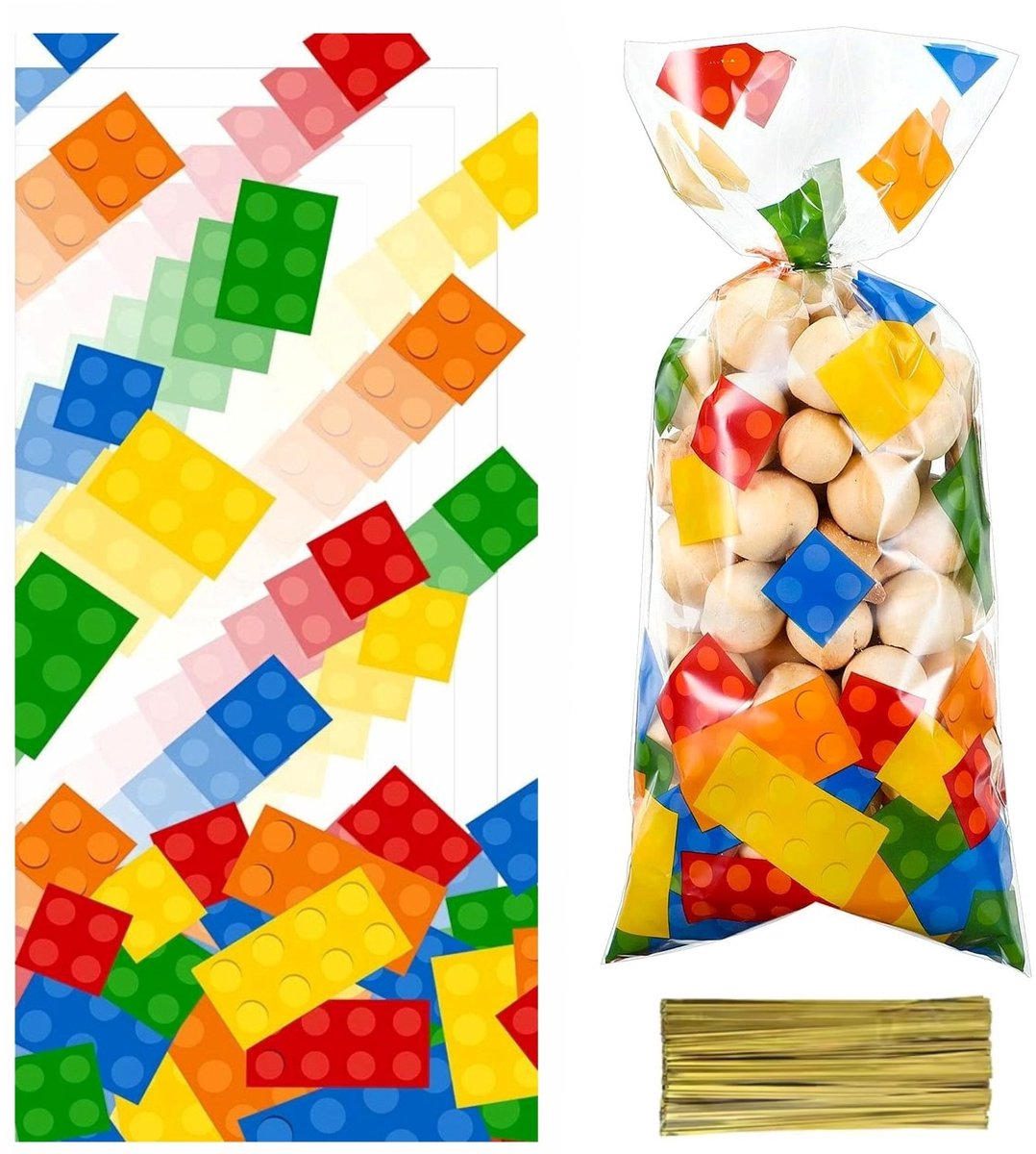 50x Uitdeelzakjes Bouwblokjes - 12.5x27.5cm - Traktatie Zakjes Voor Uitdeelcadeautjes - Uitdeelzakjes Feestje - Verjaardag - Feestje - Bouwblokjes Mix - 12.5 x 27.5 cm - 50 Stuks