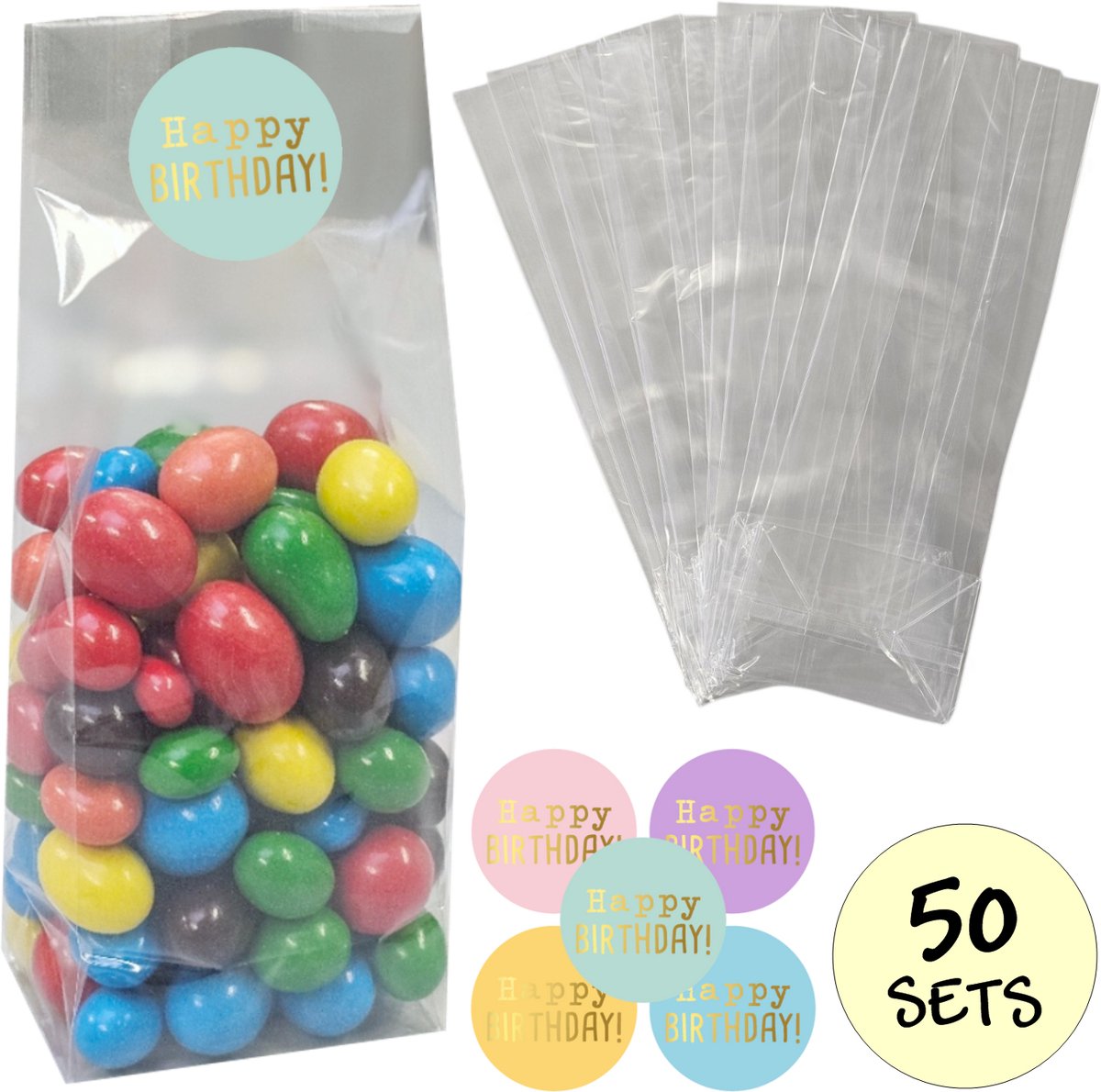 50x Uitdeelzakjes Met Sluitstickers - 50 Stickers & 50 Zakjes - Blokbodemzakjes - Cellofaanzakjes - Traktatie Zakjes - 50 Sets - Happy Birthday