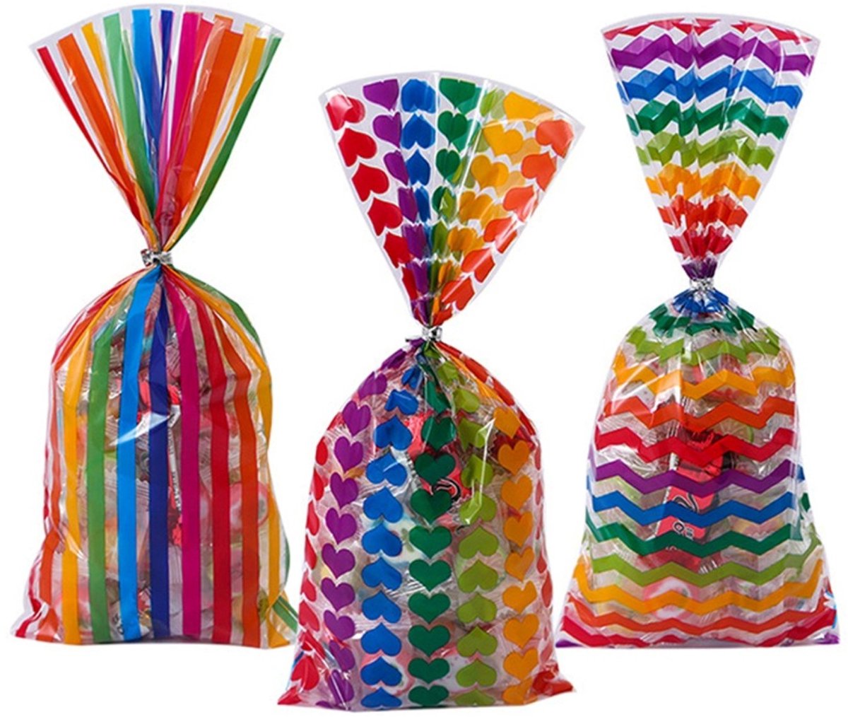 50x Uitdeelzakjes Regenboog Mix - 12.5x27.5cm - Traktatie Zakjes Voor Uitdeelcadeautjes - Uitdeelzakjes Feestje - Verjaardag - Feestje - 3 Patronen - 12.5 x 27.5 cm - 50 Stuks
