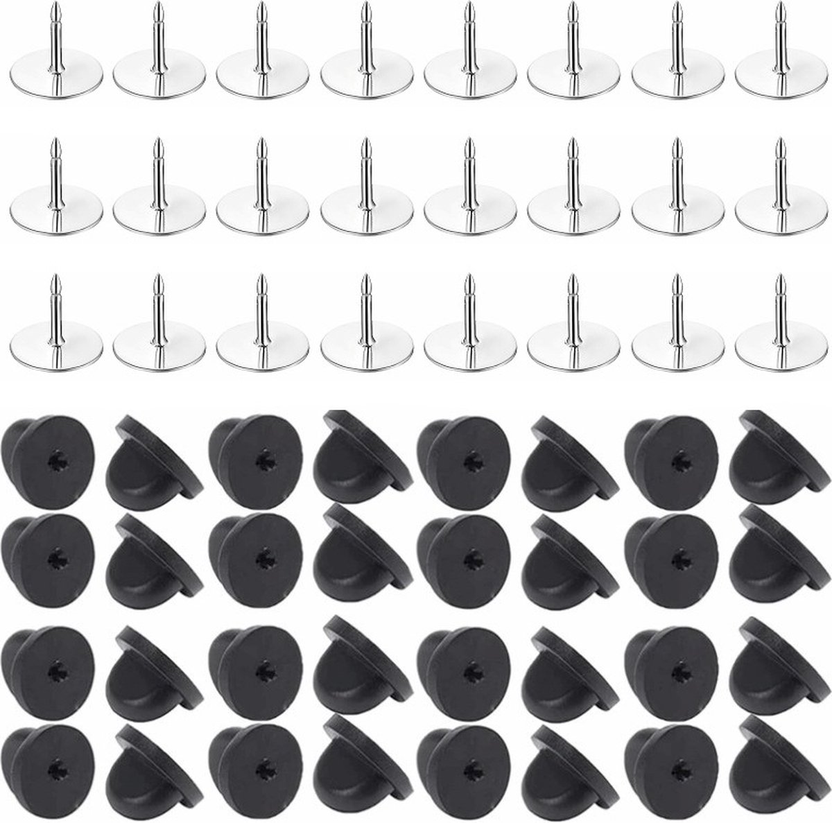 Fako Bijoux® - 25 Steek Pinnen Met Rubberen Pin Backs - Badge Pin - Revers Pinnen - Kopspijkers - Vlinder Clutch Backings - Pin Cap Keepers - DIY Voor Broche Sieraden - 25 Sets - Zilver