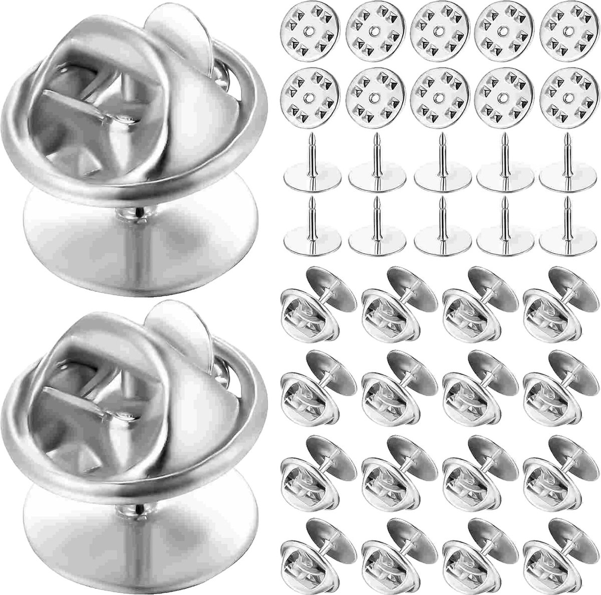 Fako Bijoux® - 50 Steek Pinnen Met Pin Backs - Badge Pin - Revers Pinnen - Kopspijkers - Vlinder Clutch Backings - Pin Cap Keepers - DIY Voor Broche Sieraden - 50 Sets - Zilver