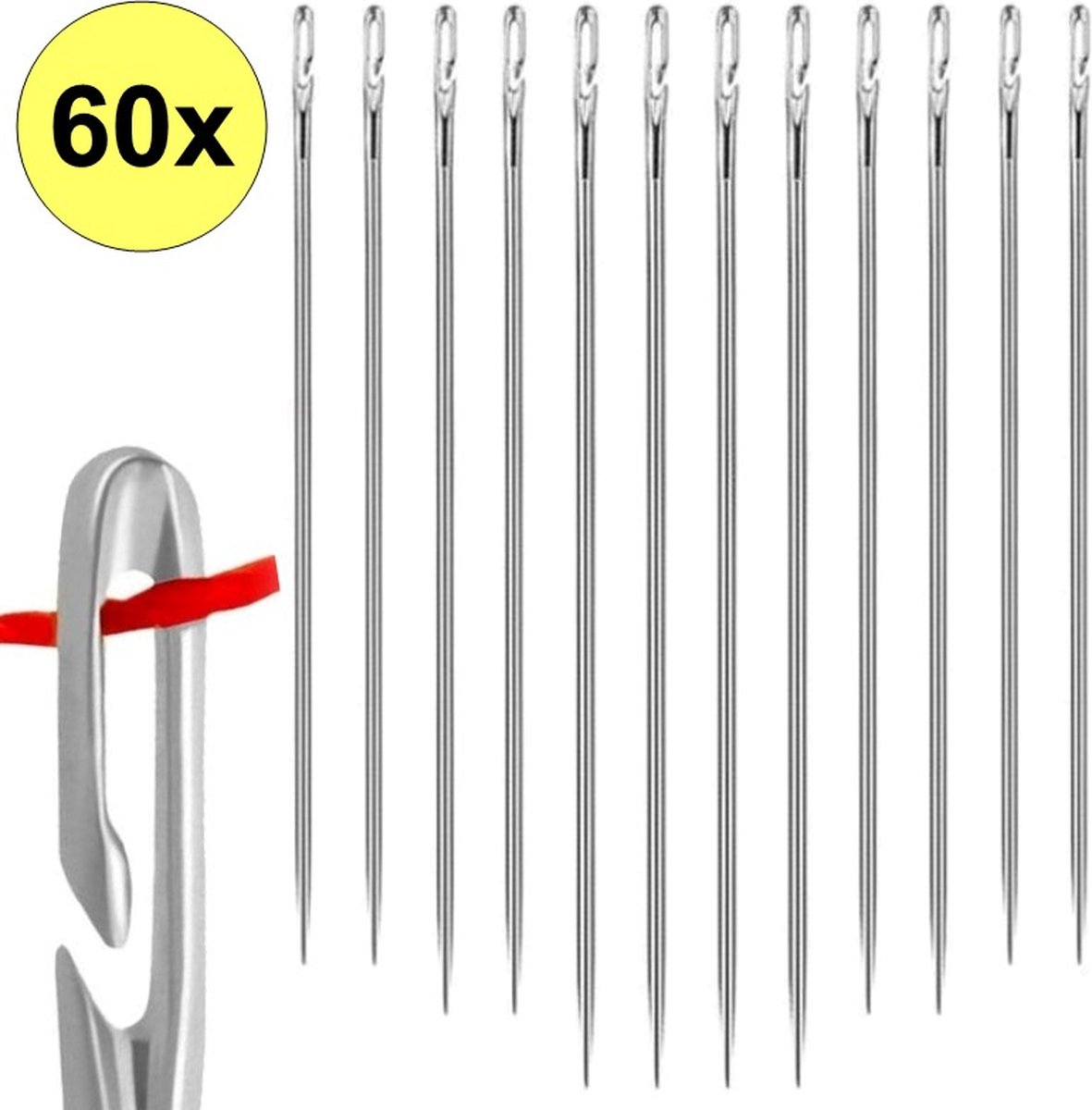 Fako Bijoux® - Blinde Naalden Set XL - Zelfrijgende Naalden - Open Oog Naalden - Zelf Inrijgende Rijgnaalden - Naainaalden - Stopnaalden - Kralen Rijgen - Set 60 Stuks - Zilver