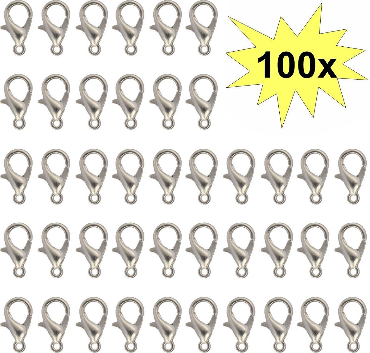   - Karabijn Sluitingen - Karabijnsluitingen - Karabijnhaakjes - Staalkleurig - 12mm - 100 Stuks