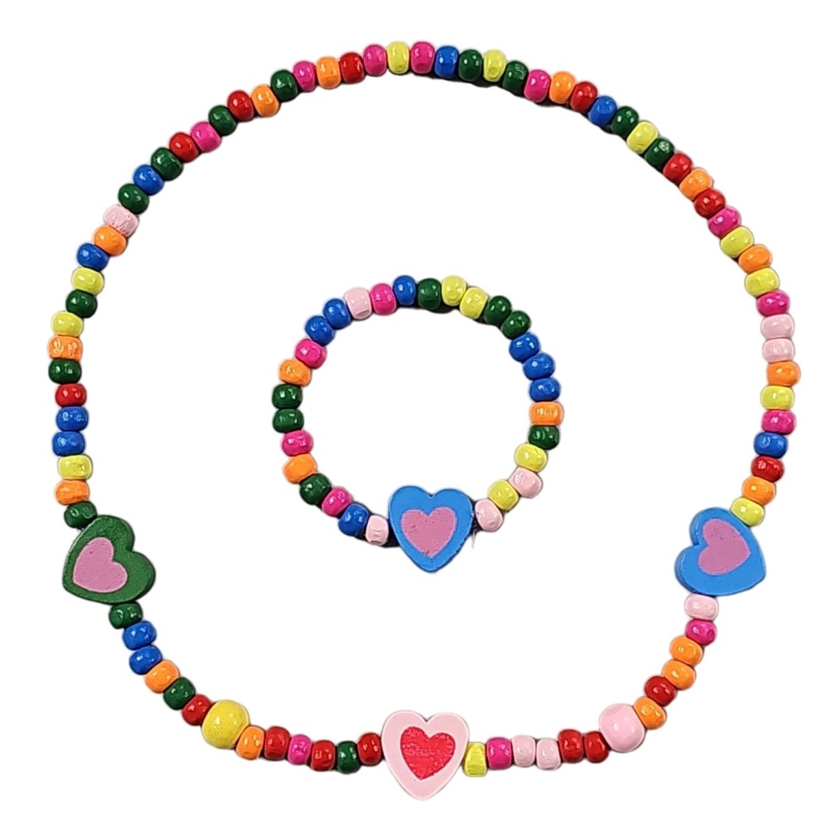 Fako Bijoux® - Kinderketting en Armband - Hout - Hartjes Gekleurd