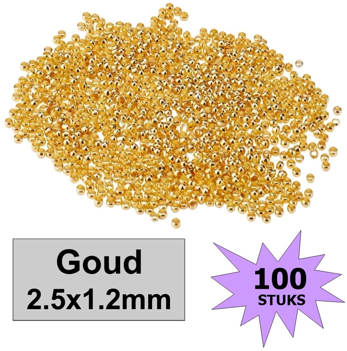 Fako Bijoux® - Knijpkralen - Crimp Beads - Metaal - 2.5x1.2mm - 100 Stuks - Goudkleurig