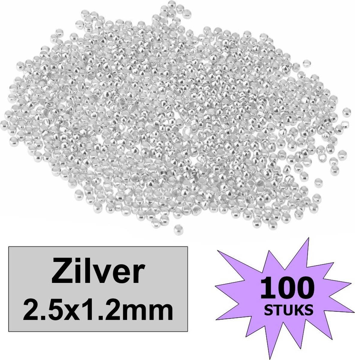 Fako Bijoux® - Knijpkralen - Crimp Beads - Metaal - 2.5x1.2mm - 100 Stuks - Zilverkleurig