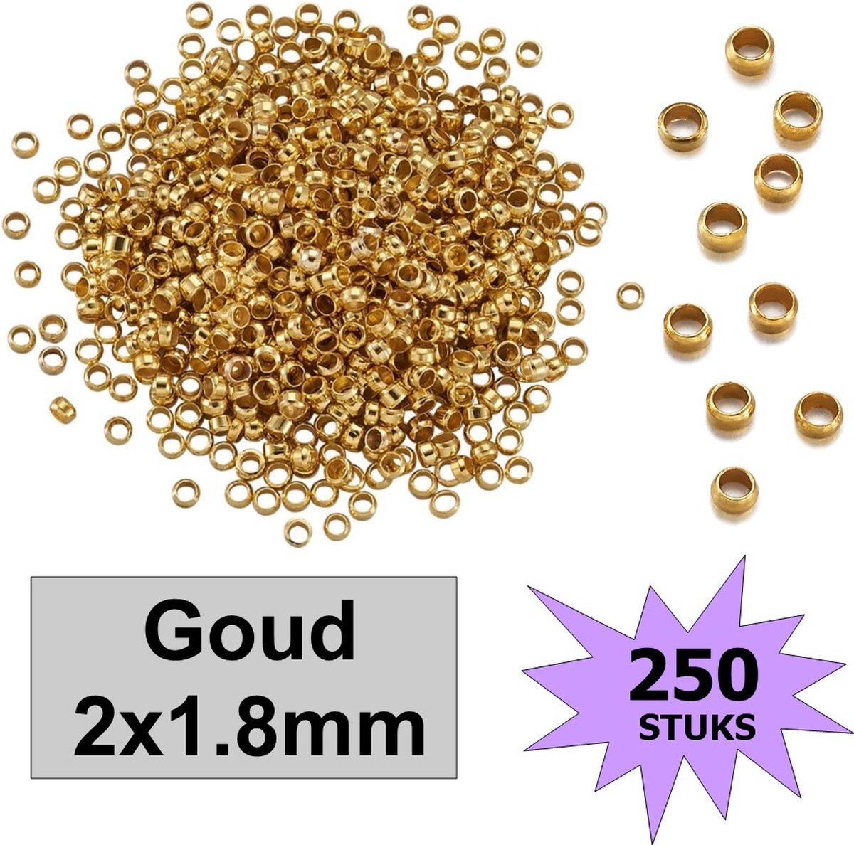   - Knijpkralen - Crimp Beads - Metaal - 2x1.8mm - 250 Stuks - Goudkleurig