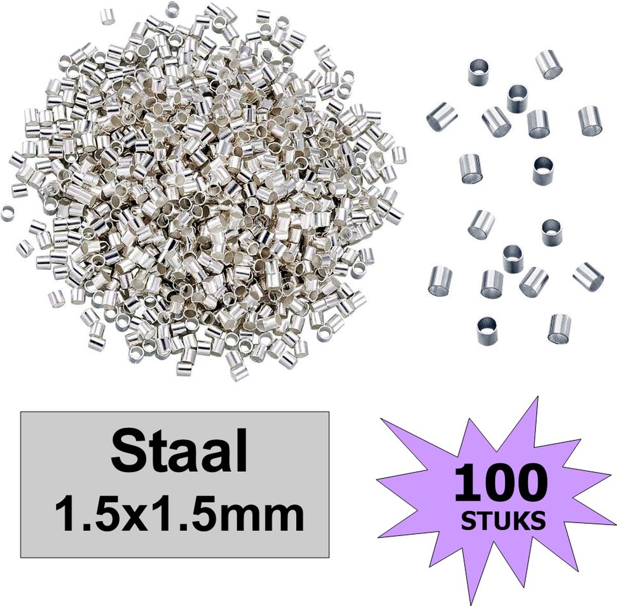 Fako Bijoux® - Knijpkralen - Crimp Beads - Metaal - Tube - 1.5x1.5mm - 100 Stuks - Metaalkleurig