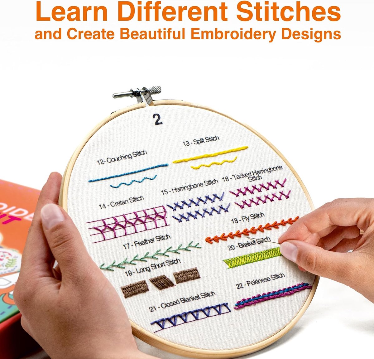 Famanu - Borduurpakket voor beginners met 33 steken, garen, hoepel en 4 stoffen – set AZD200