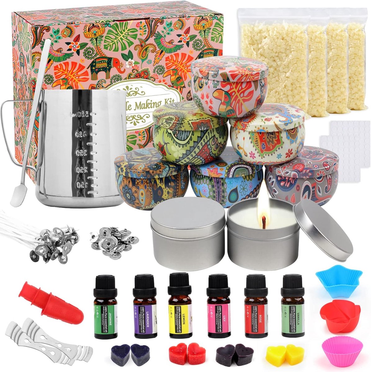 Famanu - DIY geurkaars maken kit, DIY kaars set met premium geurende met 28 oz bijenwas, 8 kaars blikken, 6 geurolie, 8 kleurstofblokken, 500 ml smeltpot etc.Maak je eigen kaarsen Art Crafts Hobby Kits