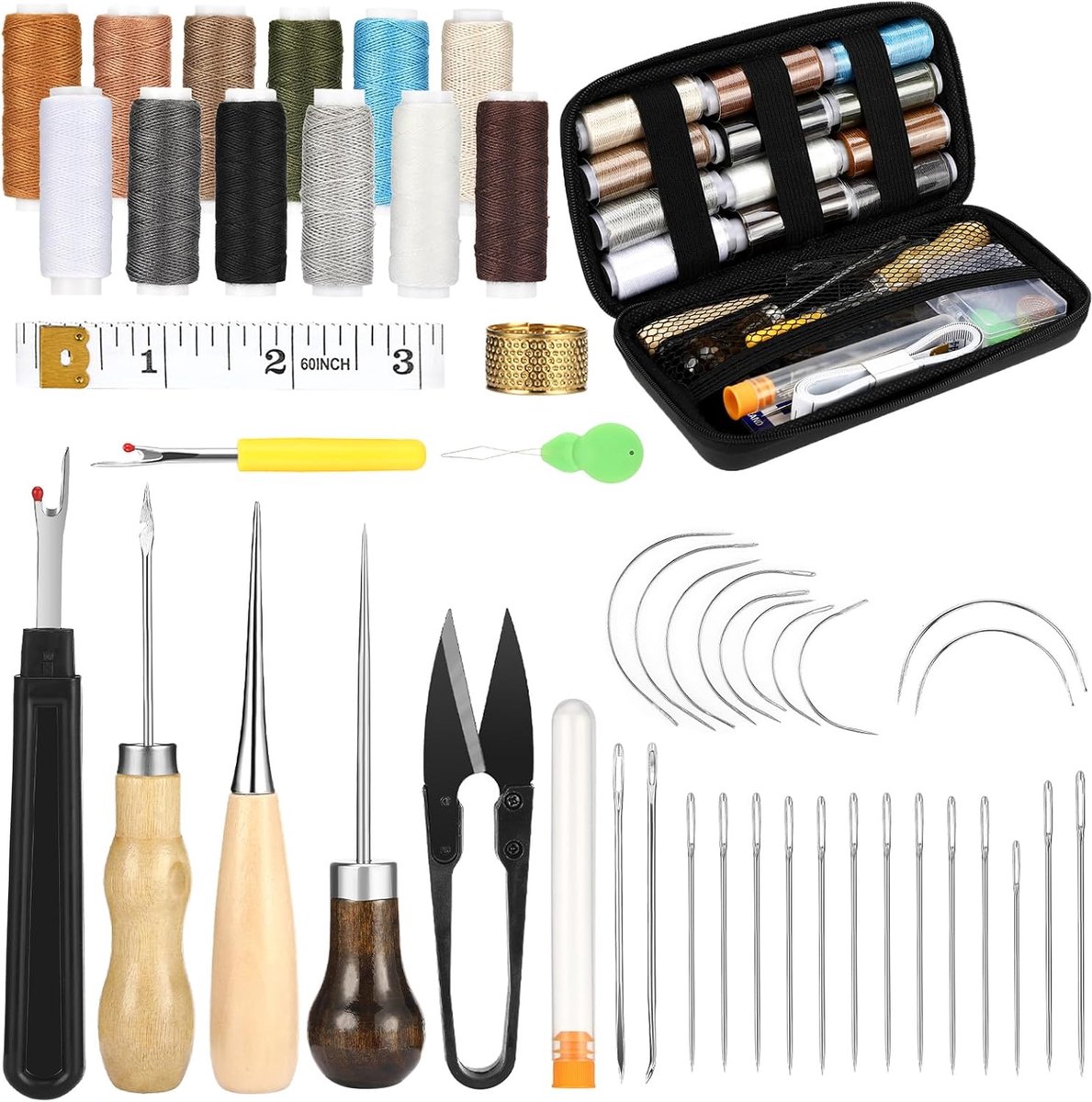 Famanu - Leren naaiset – 48 stuks – multifunctioneel – 12 kleuren naaigaren