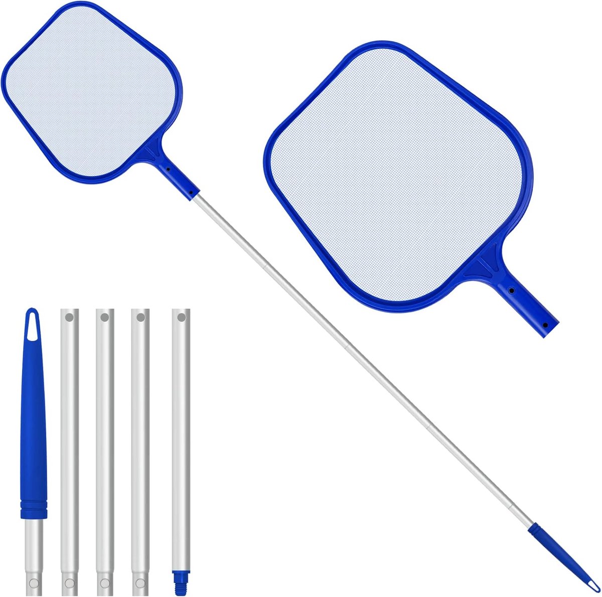 Famanu - Zwembad Skimmer Net, Verstelbaar 5 Connecting 48 Inch Aluminium Telescopische Pool, Vijvernetten voor Reiniging, Fijn Mesh Blad Skimmer Netting voor Tuinvijver Hot Tub Net, blauw