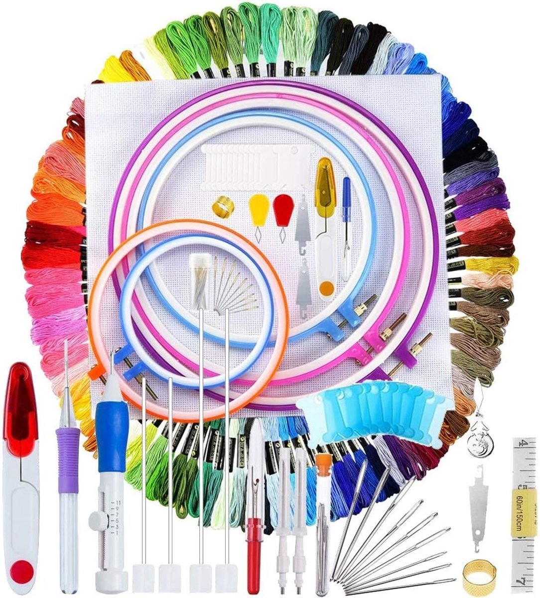 Famanu 140-delige borduurpakket met kruissteeknaald, volledige reeks borduurstartkits inclusief magische borduurpen