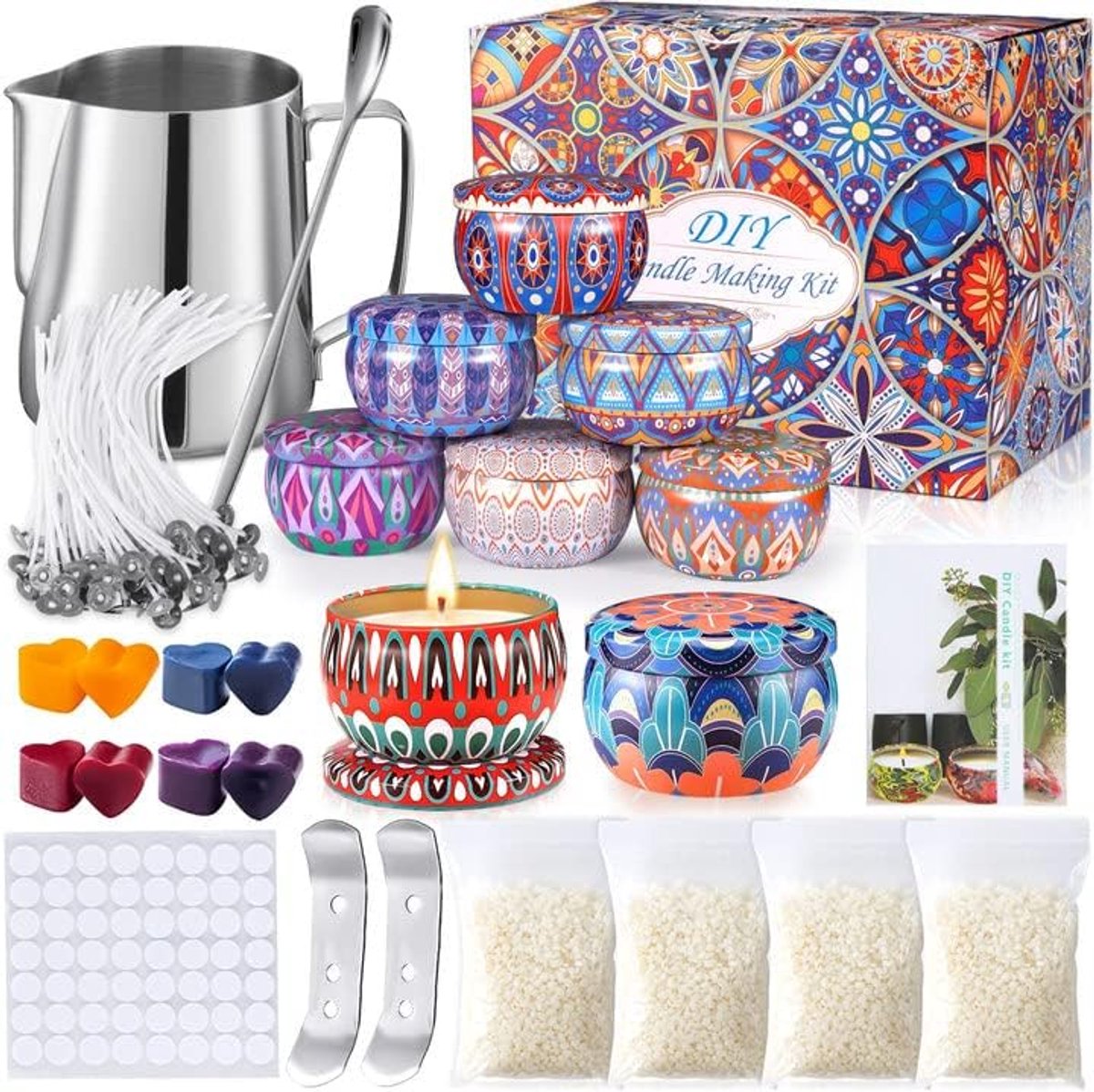 Famanu Kaarsenmakerset, doe-het-zelf kaarsenmaken, accessoires, geurkaarsen, cadeauset inclusief bijenwas, kaarslonten, stickers, 8 kaarsenblikjes, 4 kleuren kleurstoffen enz