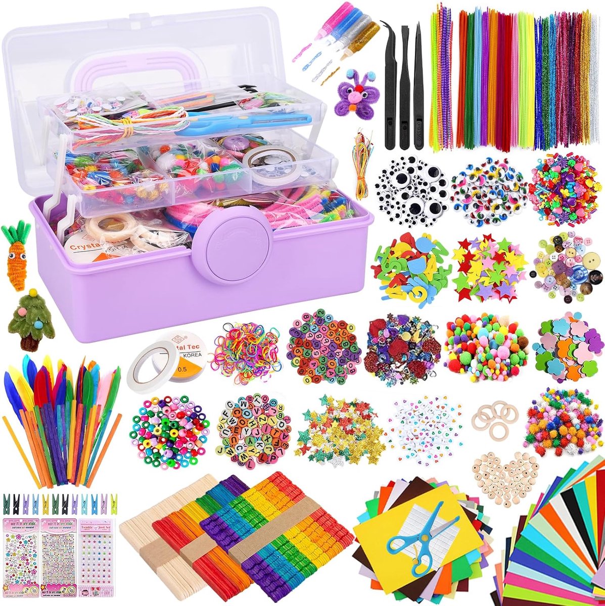 Famanu Knutselset voor kinderen,Doe-Het-Zelf Knutselkoffer,DIY Art Craft Set,Craft Kit voor kinderen inclusief pijpenrager,Wiggle ogen,sticks,veren,pompons,kralen,scrapbooking