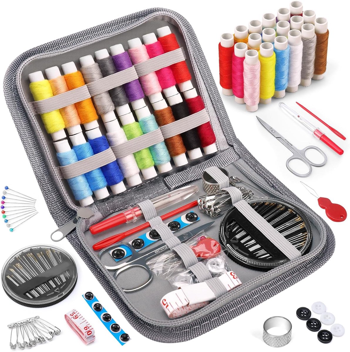 Famanu Naaiset naaitoebehoren mini naaigereedschap voor beginners, kinderen en reizigers, naald en draad set voor thuis, reizen, camping & noodgevallen met naainaalden, schaar, draad, vingerhoed,