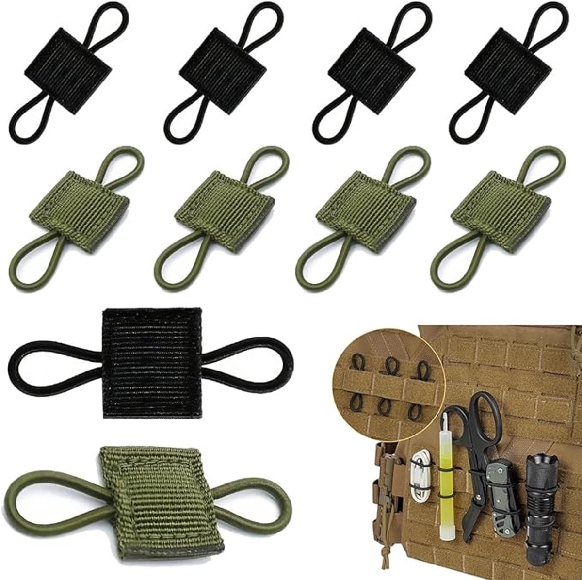 Famanu – Set van 10 Molle-tactische bevestigingsbanden, accessoires voor rugzak of tactisch vest, inclusief verenclips, 5 zwart en 5 legergroen
