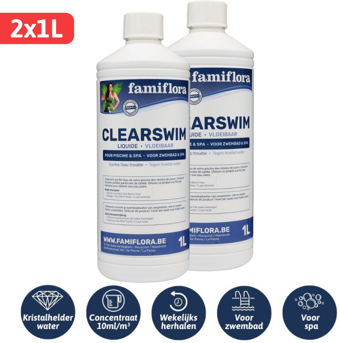 Famiflora Clearswim 2x 1L - tegen troebel water! - Verwijdert zeepresten/olie/zonnecrème uit je zwembad en/of spa