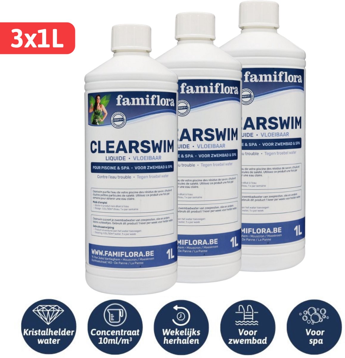 Famiflora Clearswim 3x 1L - tegen troebel water! - Verwijdert zeepresten/olie/zonnecrème uit je zwembad en/of spa