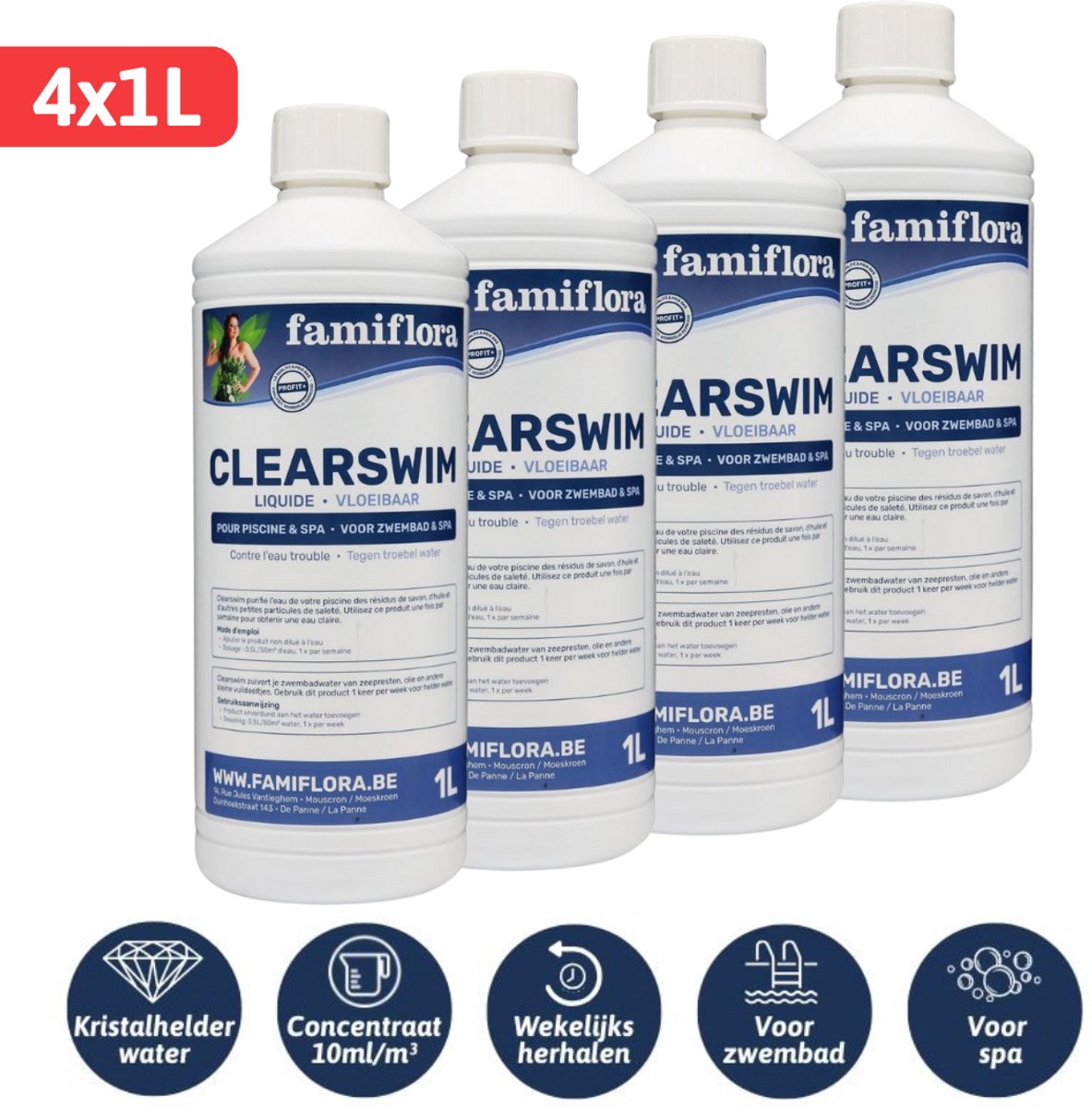 Famiflora Clearswim vloeibaar 4 liter (4x 1L) - tegen troebel water! - Voordeelverpakking