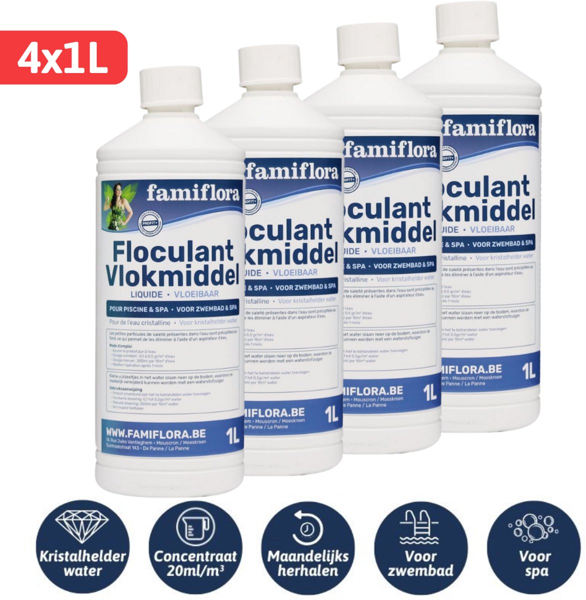 Famiflora Vlokmiddel vloeibaar 4L (4 x 1L) - vloeibare flocculant voor kristalhelder water!