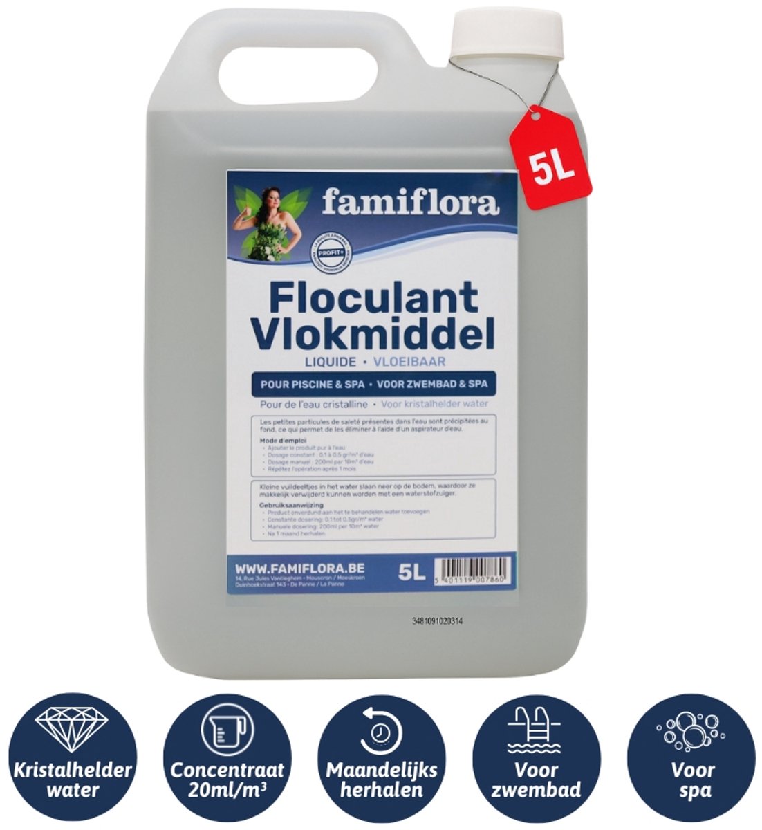 Famiflora Vlokmiddel vloeibaar 5L - vloeibare flocculant voor kristalhelder water!