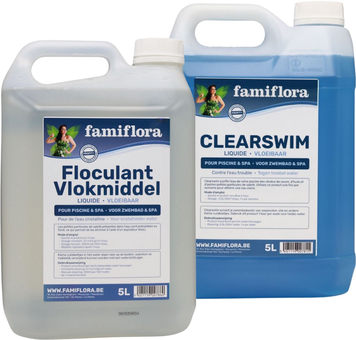 Famiflora helder zwembad pakket Clearswim 1x5L + vlokmiddel 1x5L - tegen troebel water - vloeibare flocculant voor kristalhelder water - Tegen zeepresten, olie, zonnecrème en vuil in een zwembad