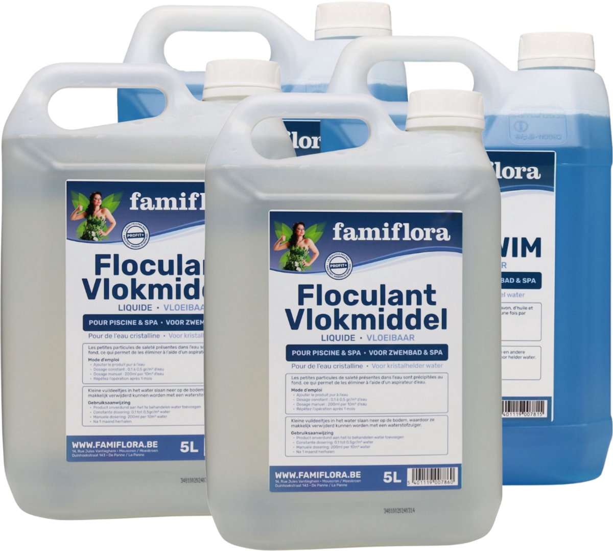 Famiflora helder zwembad pakket Clearswim 2x5L + vlokmiddel 2x5L - tegen troebel water - vloeibare flocculant voor kristalhelder water - Tegen zeepresten, olie, zonnecrème en vuil in een zwembad