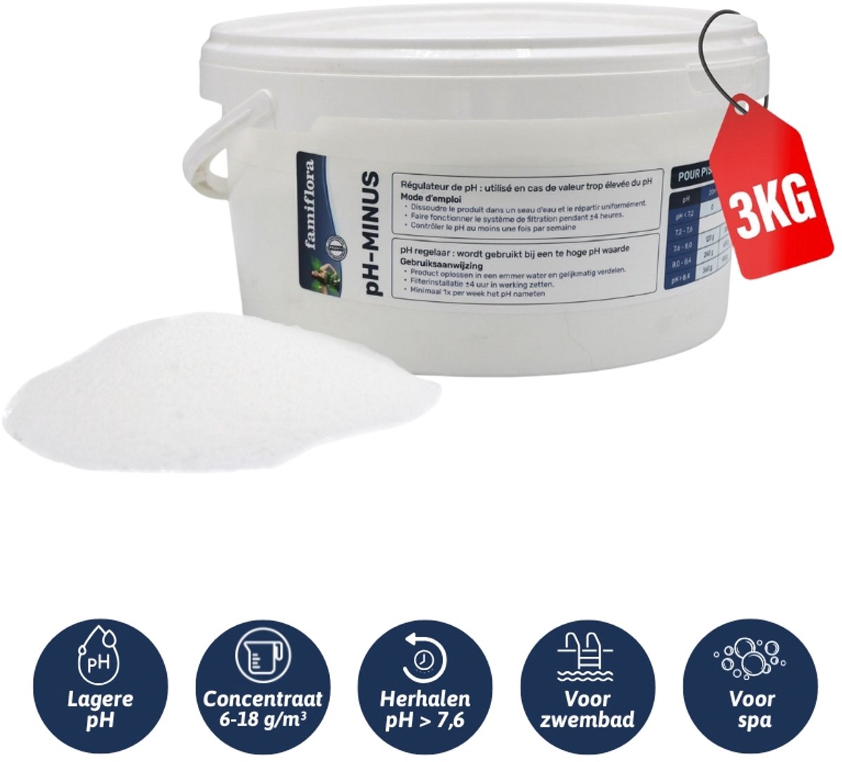 Famiflora pH Down (minus) poeder 3kg - verlaagt de pH-waarde van je zwembad of spa!