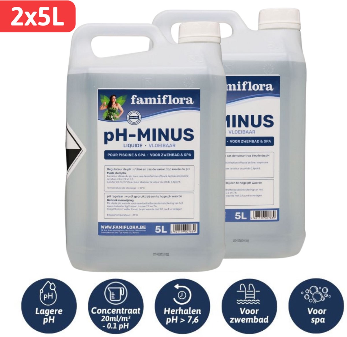 Famiflora pH-minus / pH-Down vloeibaar 10L (2 x 5L) - verlaagt de pH-waarde van je zwembad of spa!