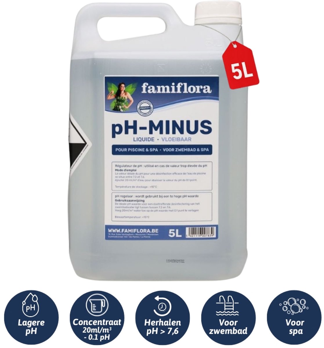 Famiflora pH-minus / pH-Down vloeibaar 5L - verlaagt de pH-waarde van je zwembad of spa!
