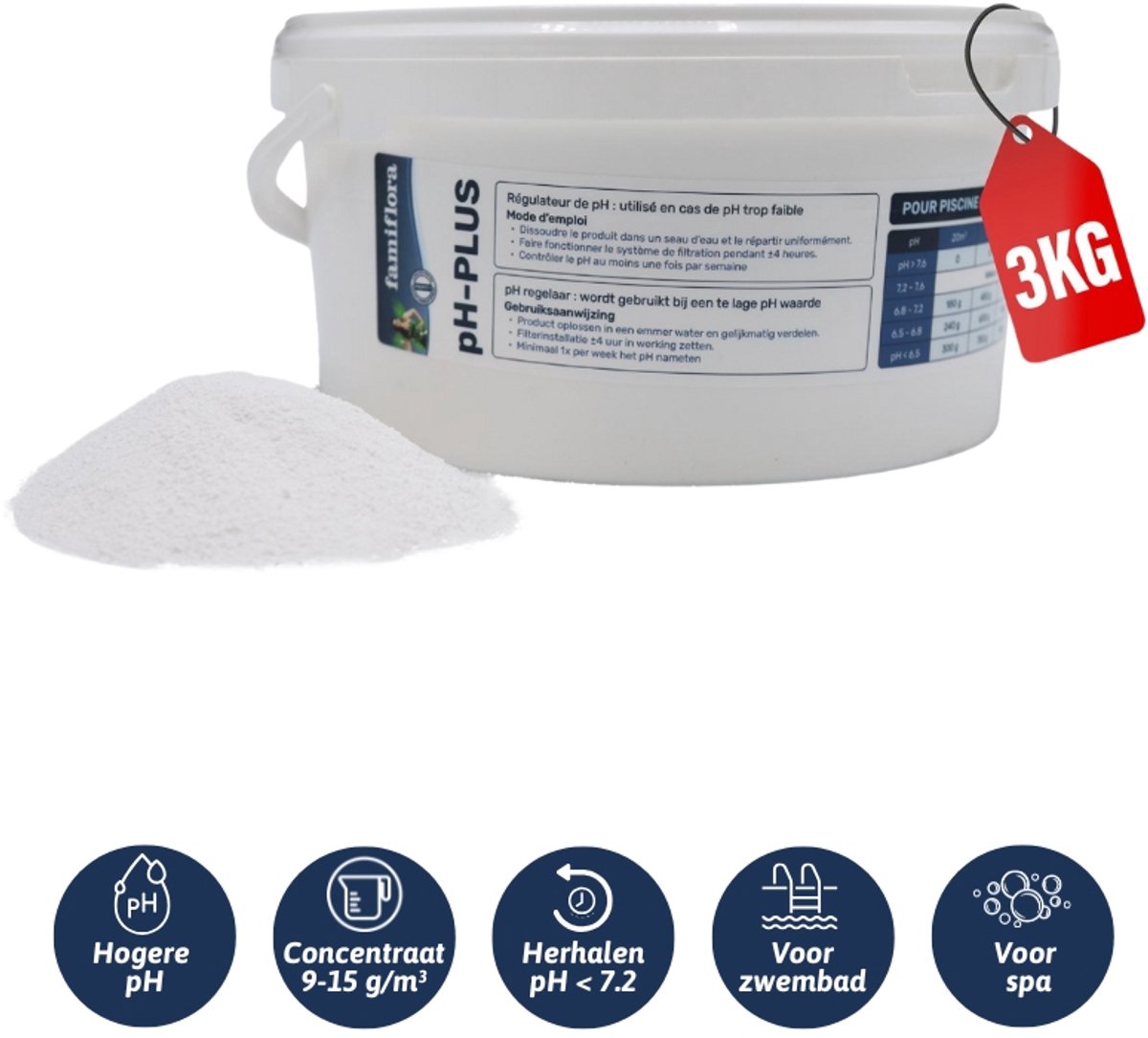 Famiflora pH-plus / pH up poeder 3kg - verhoogt de pH-waarde van je zwembad of spa!