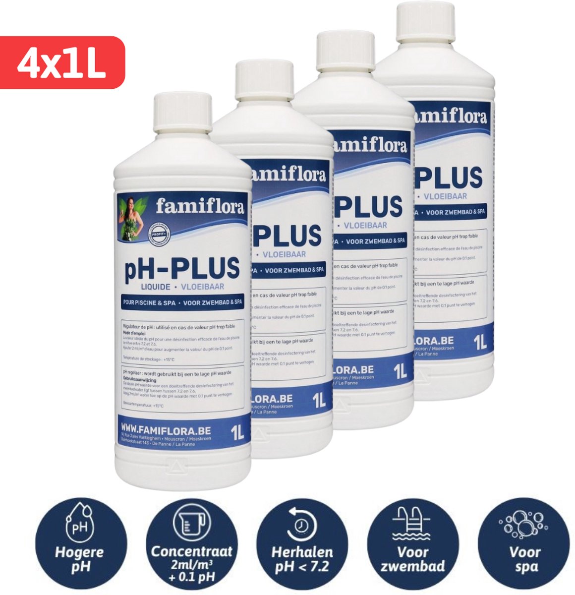 Famiflora pH-plus / pH up vloeibaar 4L (4x1L) - verhoogt de pH-waarde van je zwembad of spa!
