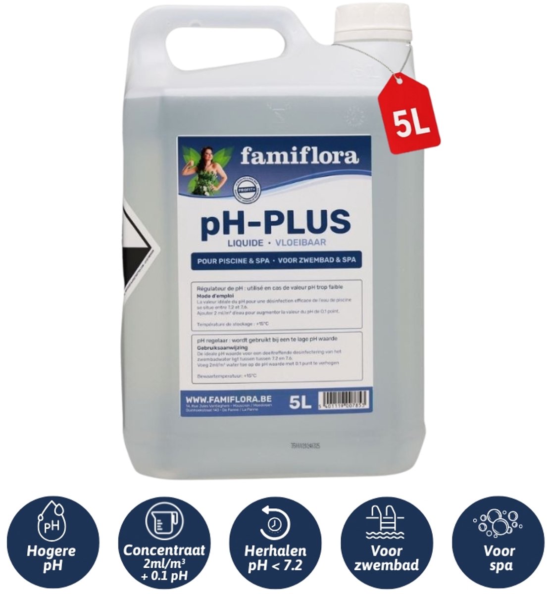 Famiflora pH-plus / pH up vloeibaar 5L - verhoogt de pH-waarde van je zwembad of spa!